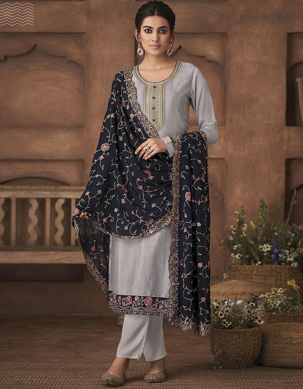 Designer Party Wear Chinon Salwar Suit Grey Chinon Pant Straight Front View