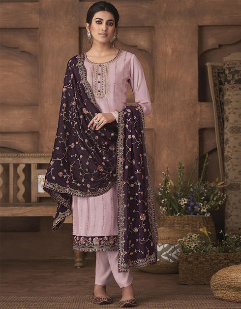 Designer Party Wear Chinon Salwar Suit Pink Chinon Pant Straight Front View