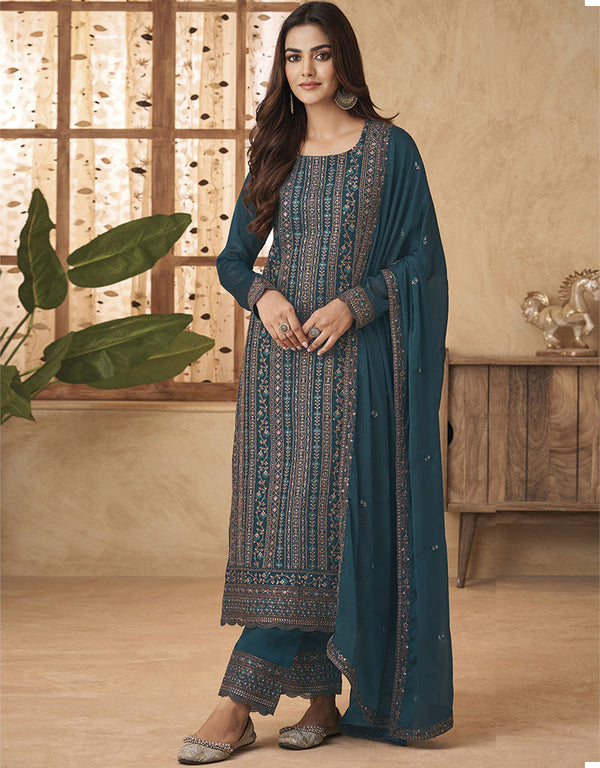 Designer Traditional Wear Black Rangoli Salwar Suit Teal Blue Black Rangoli Pant Straight Front View