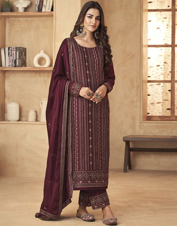 Designer Traditional Wear Black Rangoli Salwar Suit Maroon Black Rangoli Pant Straight Front View