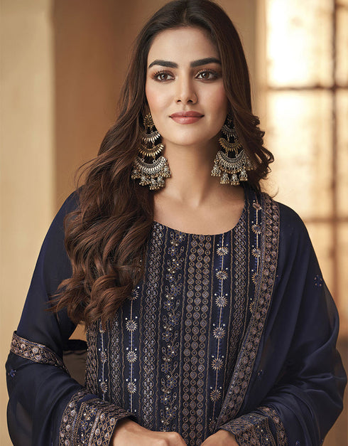 Designer Traditional Wear Black Rangoli Salwar Suit Blue Black Rangoli Pant Straight Close-up View