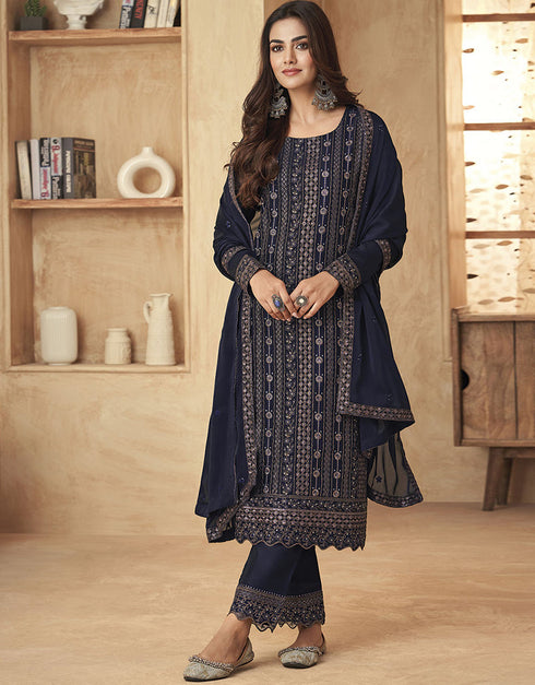 Designer Traditional Wear Black Rangoli Salwar Suit Blue Black Rangoli Pant Straight Front View