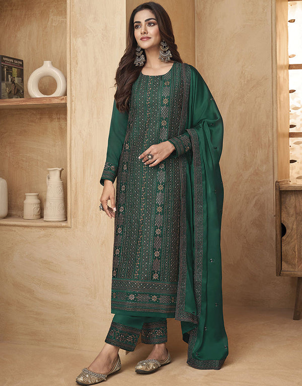 Designer Traditional Wear Black Rangoli Salwar Suit Green Black Rangoli Pant Straight Front View