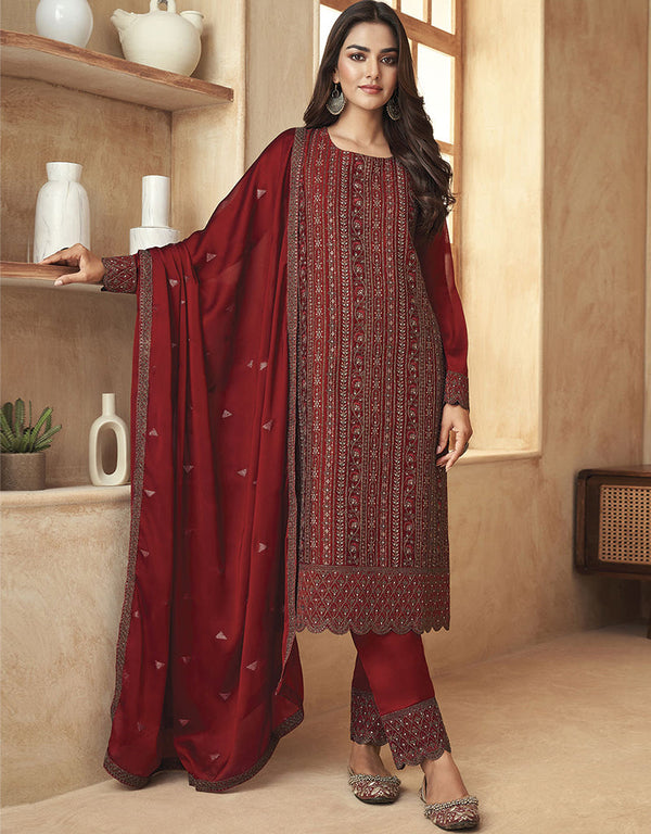 Designer Traditional Wear Black Rangoli Salwar Suit Red Black Rangoli Pant Straight Front View