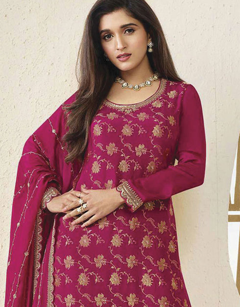 Designer Traditional Wear Viscose Chinon Salwar Suit Pink Viscose Chinon Palazzo Suit Close-up View