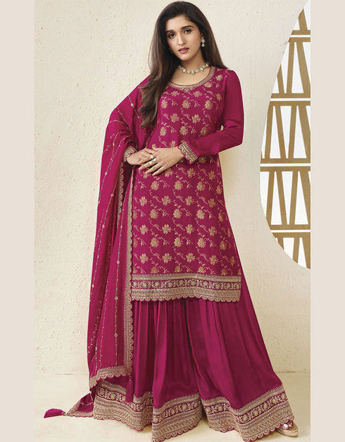 Designer Traditional Wear Viscose Chinon Salwar Suit Pink Viscose Chinon Palazzo Suit Front View