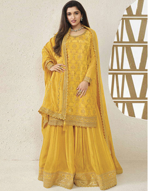 Designer Traditional Wear Viscose Chinon Salwar Suit Yellow Viscose Chinon Palazzo Suit Front View