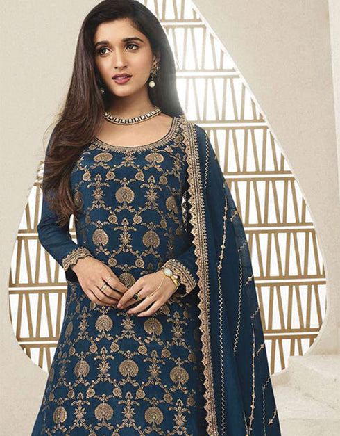 Designer Traditional Wear Viscose Chinon Salwar Suit Blue Viscose Chinon Palazzo Suit Close-up View