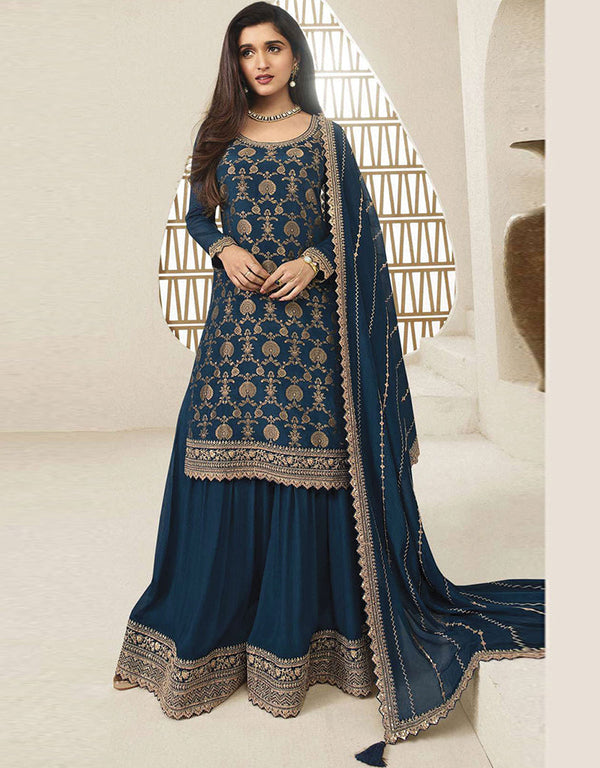 Designer Traditional Wear Viscose Chinon Salwar Suit Blue Viscose Chinon Palazzo Suit Front View