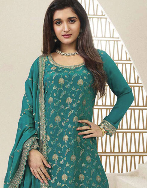 Designer Traditional Wear Viscose Chinon Salwar Suit Blue Viscose Chinon Palazzo Suit Close-up View
