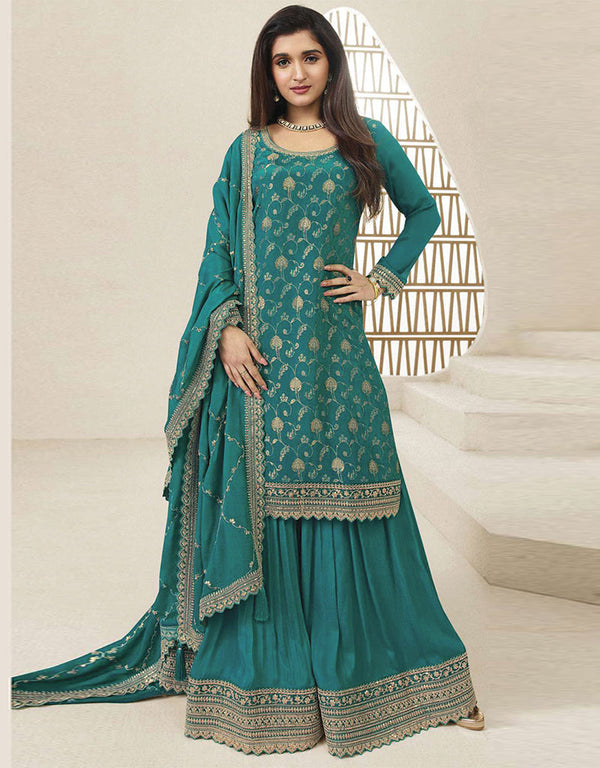 Designer Traditional Wear Viscose Chinon Salwar Suit Blue Viscose Chinon Palazzo Suit Front View