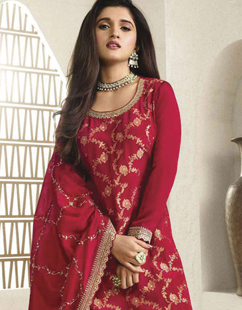 Designer Traditional Wear Viscose Chinon Salwar Suit Red Viscose Chinon Palazzo Suit Close-up View