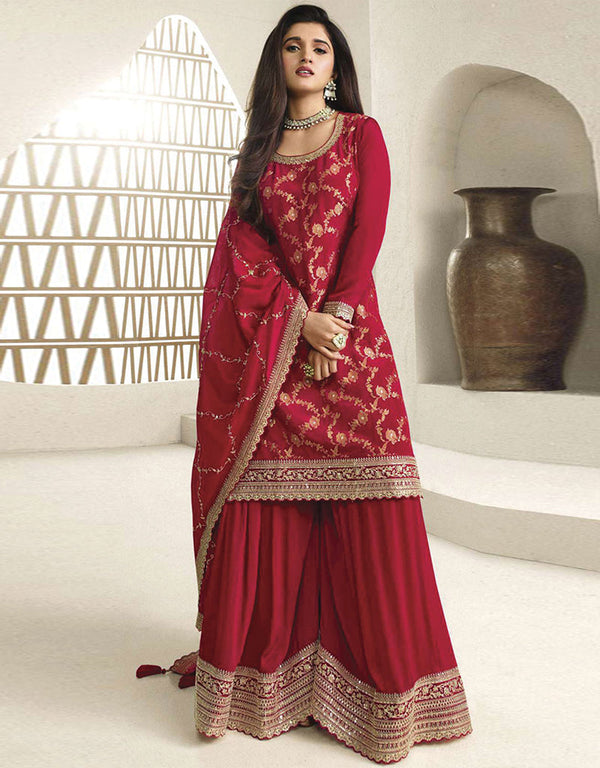 Designer Traditional Wear Viscose Chinon Salwar Suit Red Viscose Chinon Palazzo Suit Front View
