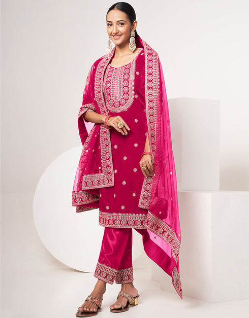 Designer Traditional Wear Velvet Salwar Suit Pink Velvet Pant Straight Front View