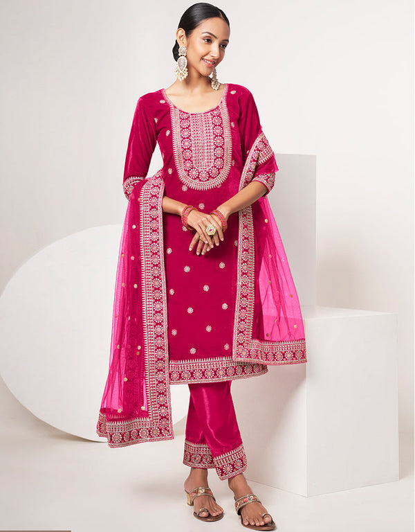 Designer Traditional Wear Velvet Salwar Suit Pink Velvet Pant Straight Front View