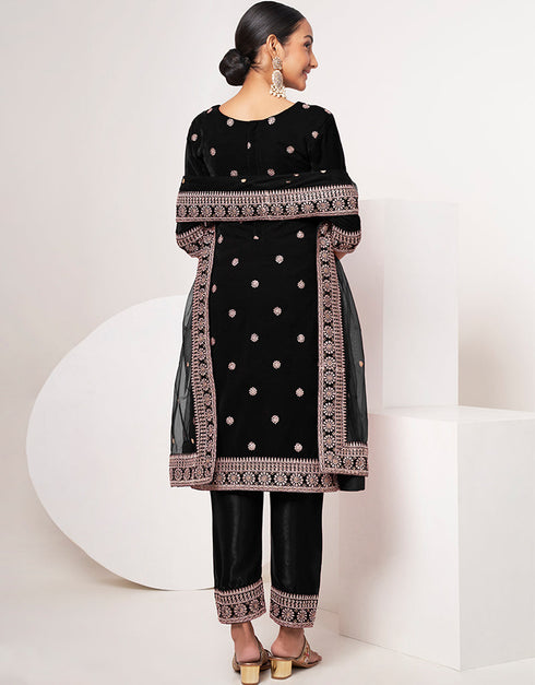 Designer Traditional Wear Velvet Salwar Suit Black Velvet Pant Straight Close-up View