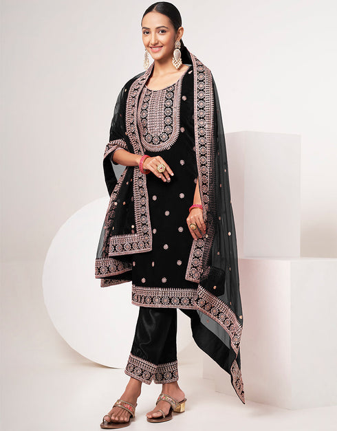 Designer Traditional Wear Velvet Salwar Suit Black Velvet Pant Straight Back View