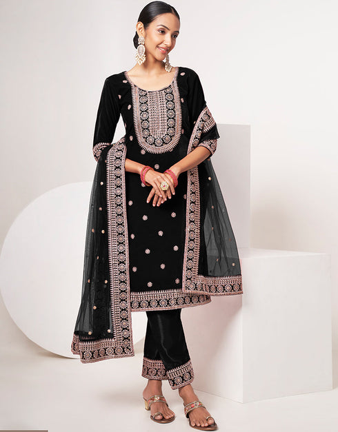 Designer Traditional Wear Velvet Salwar Suit Black Velvet Pant Straight Front View