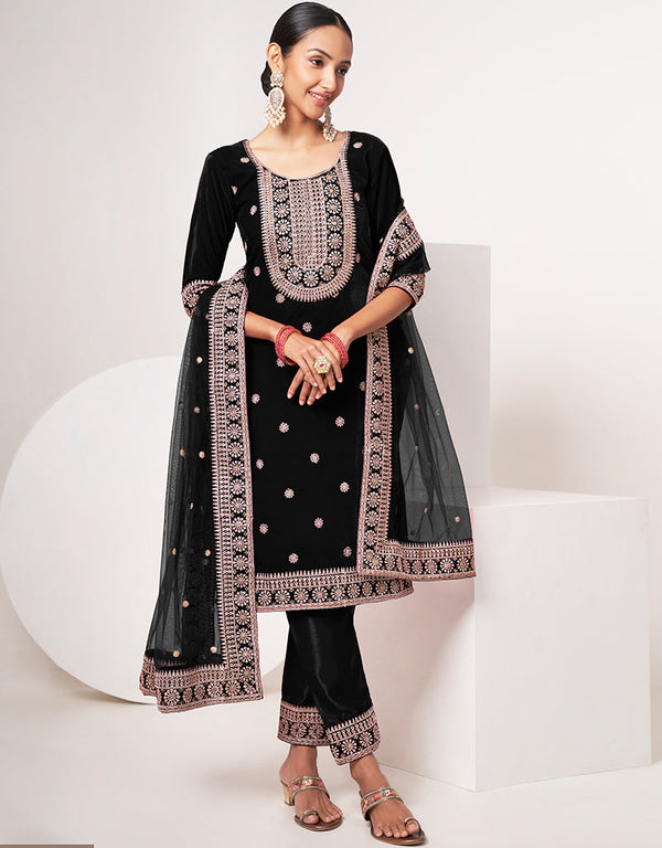 Designer Traditional Wear Velvet Salwar Suit Black Velvet Pant Straight Front View