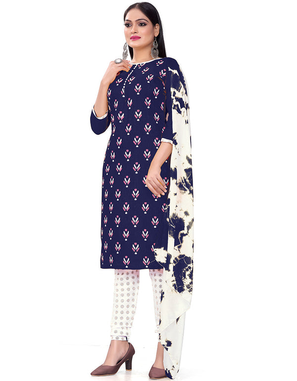 Traditional Party Wear Heavy Salwar Suit Blue Cotton Slab Pant Straight Front View