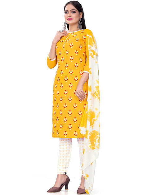 Traditional Party Wear Heavy Salwar Suit Yellow Cotton Slab Pant Straight Back View