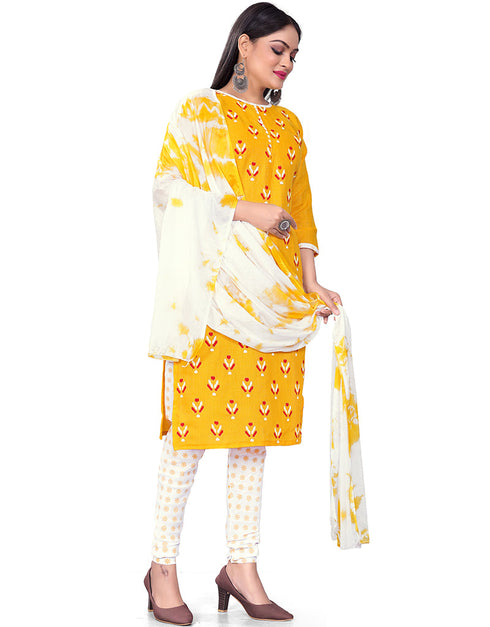 Traditional Party Wear Heavy Salwar Suit Yellow Cotton Slab Pant Straight Front View