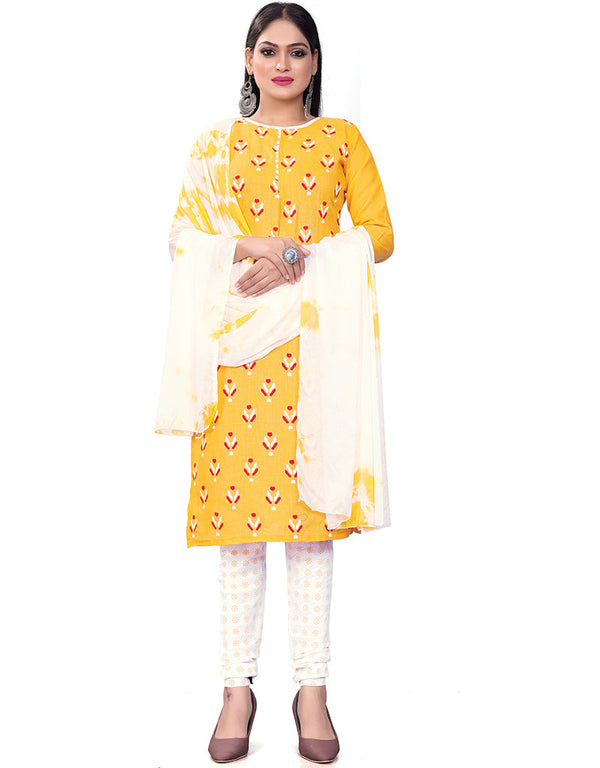 Traditional Party Wear Heavy Salwar Suit Yellow Cotton Slab Pant Straight Front View