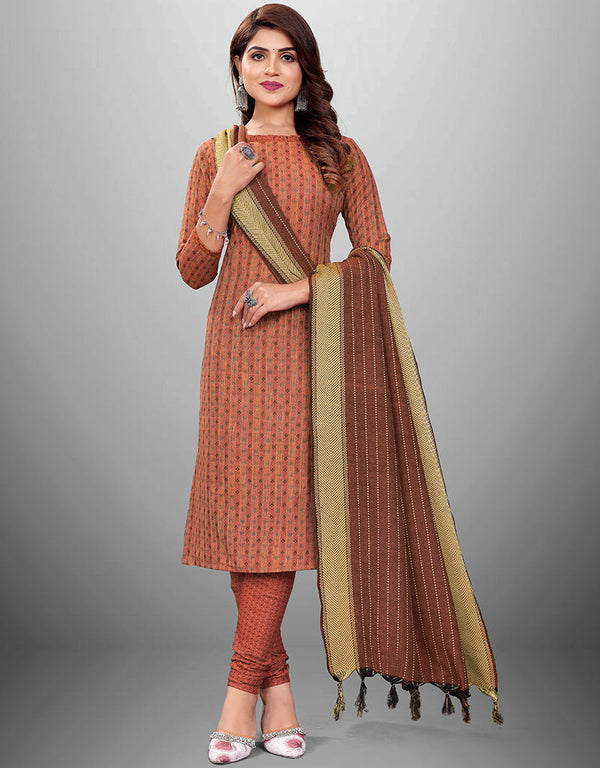 Traditional Party Wear Heavy Salwar Suit Brown Cotton Pant Straight Front View
