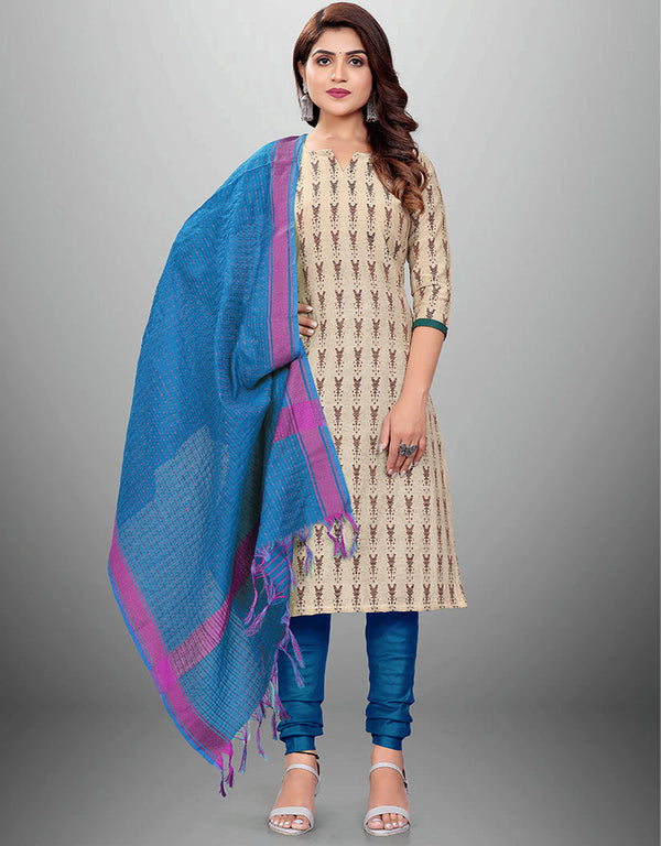 Traditional Party Wear Heavy Salwar Suit Beige Cotton Pant Straight Front View