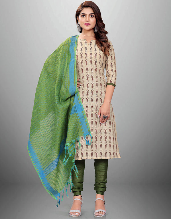 Traditional Party Wear Heavy Salwar Suit Beige Cotton Pant Straight Front View