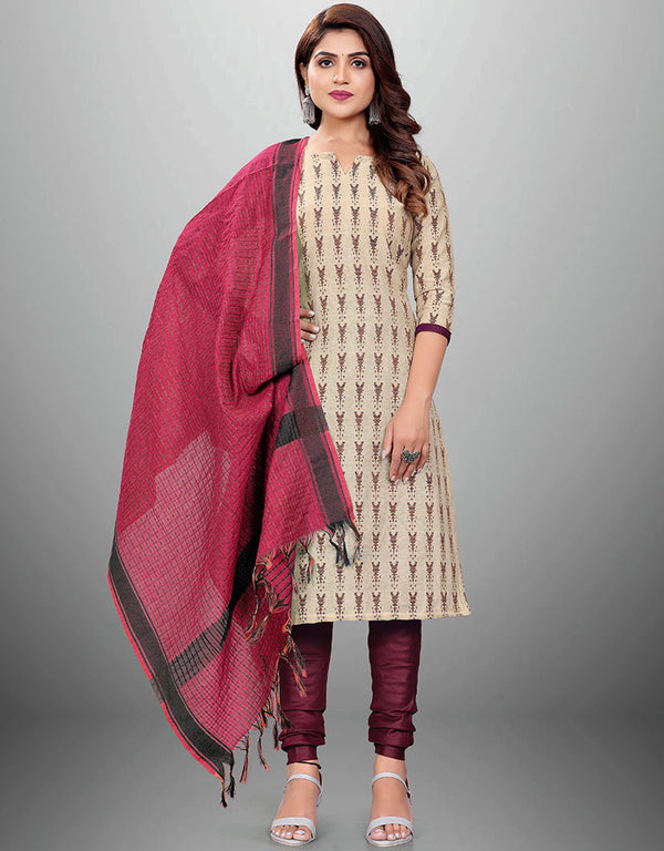 Traditional Party Wear Heavy Salwar Suit Beige Cotton Pant Straight Front View