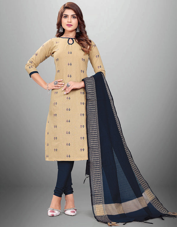 Traditional Party Wear Heavy Salwar Suit Beige Cotton Pant Straight Front View