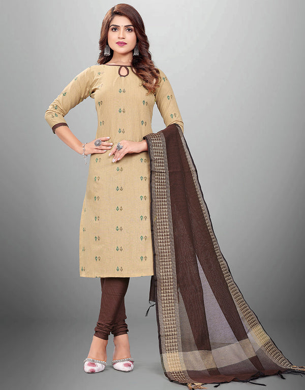 Traditional Party Wear Heavy Salwar Suit Beige Cotton Pant Straight Front View