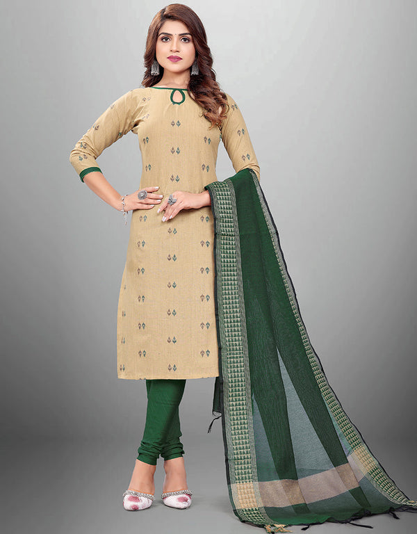 Traditional Party Wear Heavy Salwar Suit Beige Cotton Pant Straight Front View