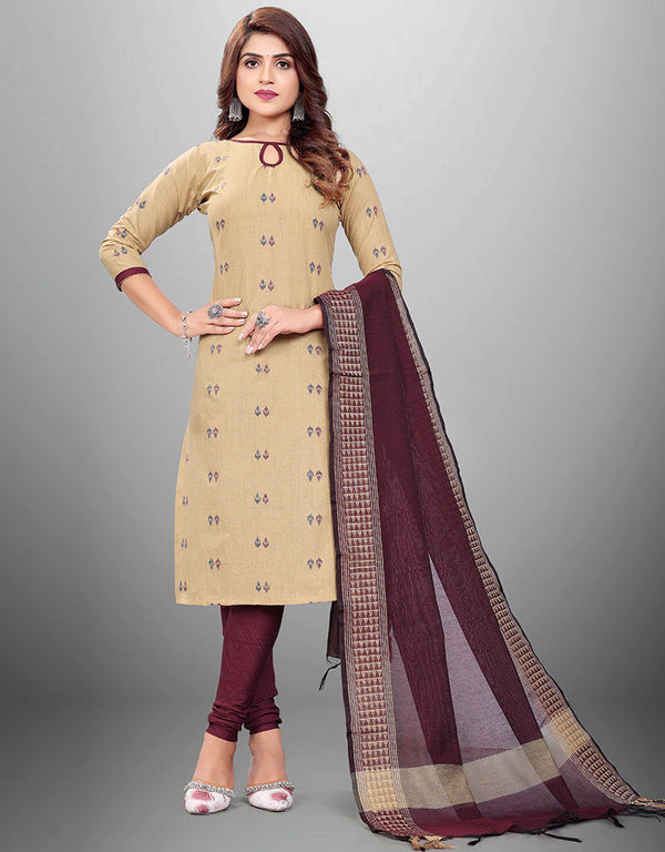 Traditional Party Wear Heavy Salwar Suit Beige Cotton Pant Straight Front View