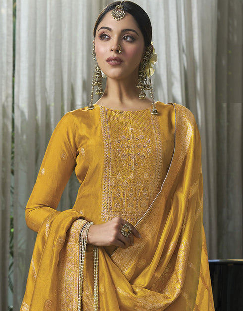 Designer Traditional Wear Viscose Silk Salwar Suit Yellow Viscose Silk Pant Straight Close-up View