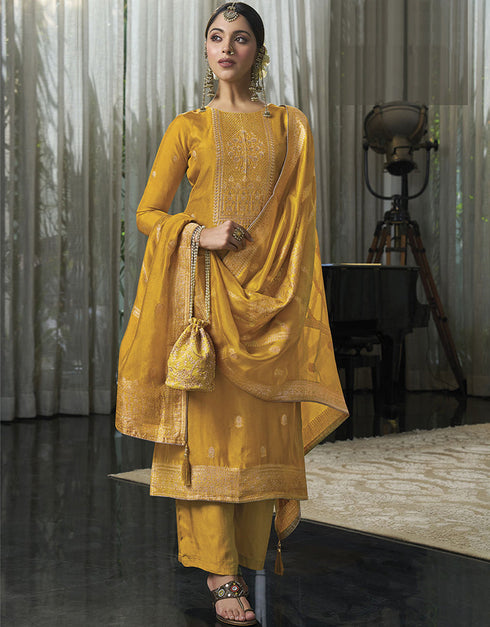 Designer Traditional Wear Viscose Silk Salwar Suit Yellow Viscose Silk Pant Straight Front View