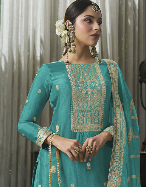 Designer Traditional Wear Viscose Silk Salwar Suit Blue Viscose Silk Pant Straight Close-up View