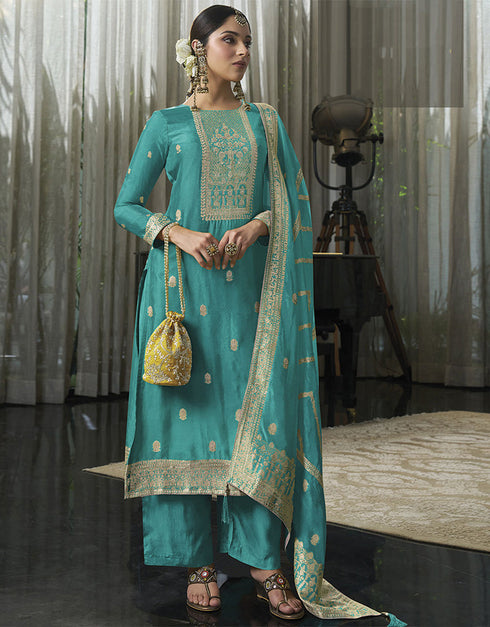 Designer Traditional Wear Viscose Silk Salwar Suit Blue Viscose Silk Pant Straight Front View
