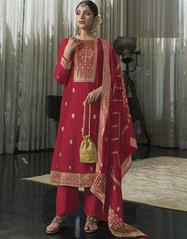 Designer Traditional Wear Viscose Silk Salwar Suit Red Viscose Silk Pant Straight Front View