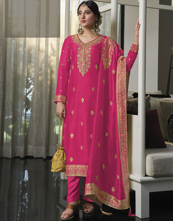 Designer Traditional Wear Viscose Silk Salwar Suit Pink Viscose Silk Pant Straight Front View