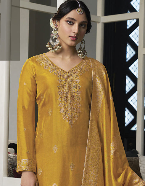 Designer Traditional Wear Viscose Silk Salwar Suit Yellow Viscose Silk Pant Straight Close-up View