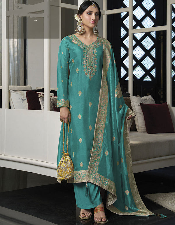 Designer Traditional Wear Viscose Silk Salwar Suit Blue Viscose Silk Pant Straight Front View
