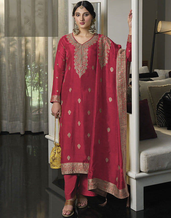Designer Traditional Wear Viscose Silk Salwar Suit Red Viscose Silk Pant Straight Front View