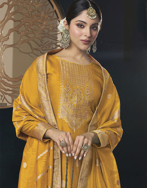 Designer Traditional Wear Viscose Silk Salwar Suit Yellow Viscose Silk Pant Straight Close-up View