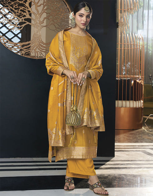 Designer Traditional Wear Viscose Silk Salwar Suit Yellow Viscose Silk Pant Straight Front View