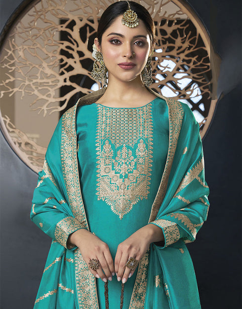 Designer Traditional Wear Viscose Silk Salwar Suit Blue Viscose Silk Pant Straight Close-up View