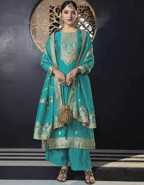 Designer Traditional Wear Viscose Silk Salwar Suit Blue Viscose Silk Pant Straight Front View