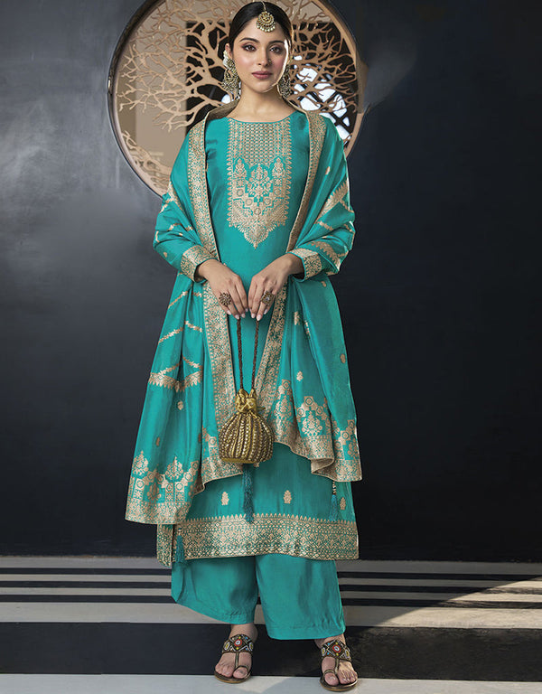 Designer Traditional Wear Viscose Silk Salwar Suit Blue Viscose Silk Pant Straight Front View