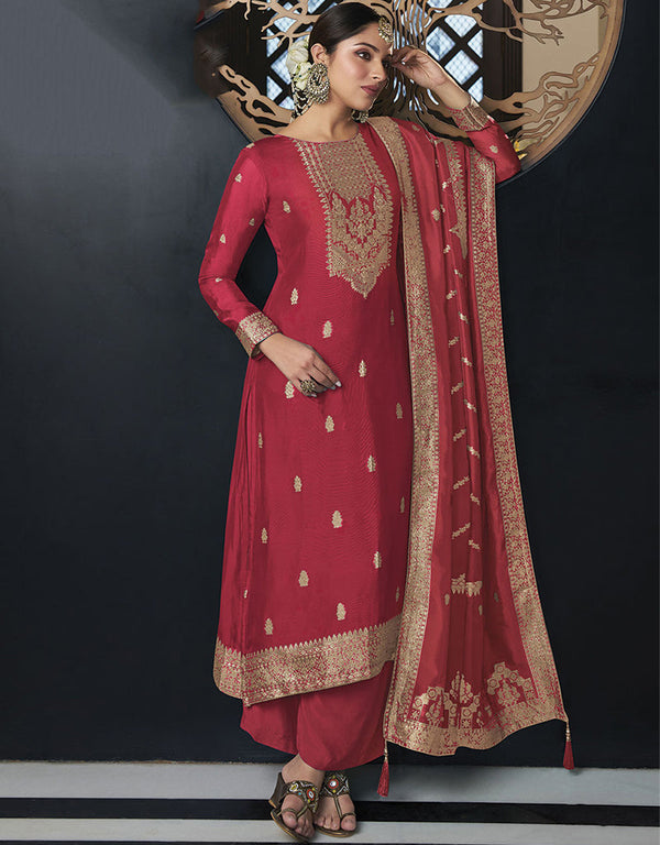 Designer Traditional Wear Viscose Silk Salwar Suit Red Viscose Silk Pant Straight Front View